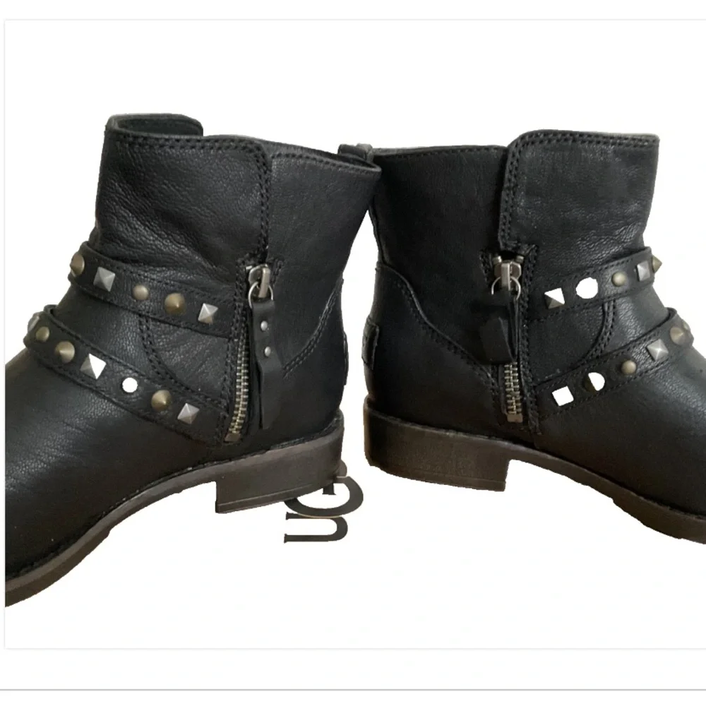 UGG CAMILE ANKLE Moto Biker Black Leather Boots Size 5.5 New - Picture 7 of 14